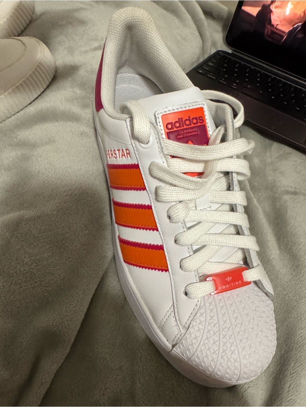 adidas White Sneakers with Pink & Orange Stripes - Picture 6 of 7